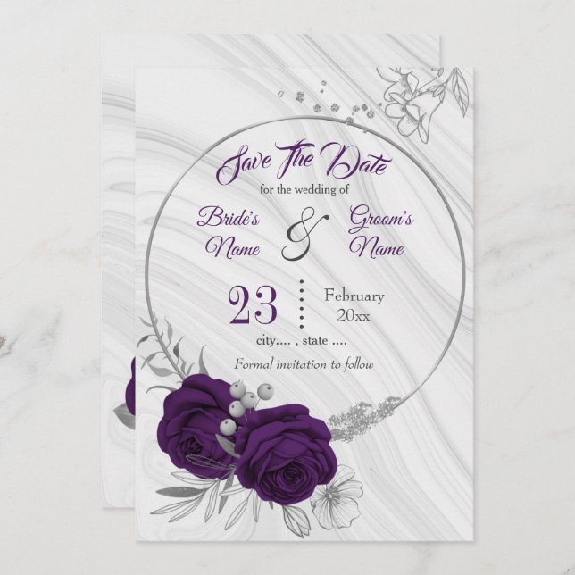 elegant royal purple silver grey floral save the date (Front/Back)