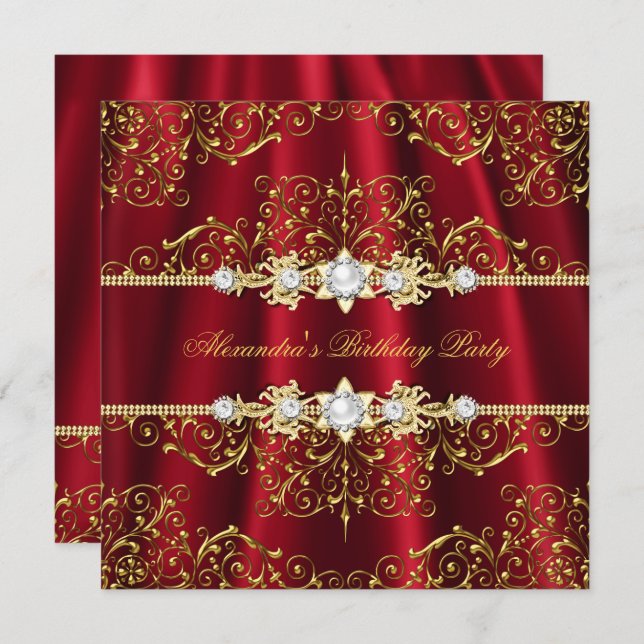 Elegant Royal Red & Gold Damask Birthday Party Invitation (Front/Back)
