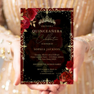 Elegant Royal Red Gold Rose Quinceanera
