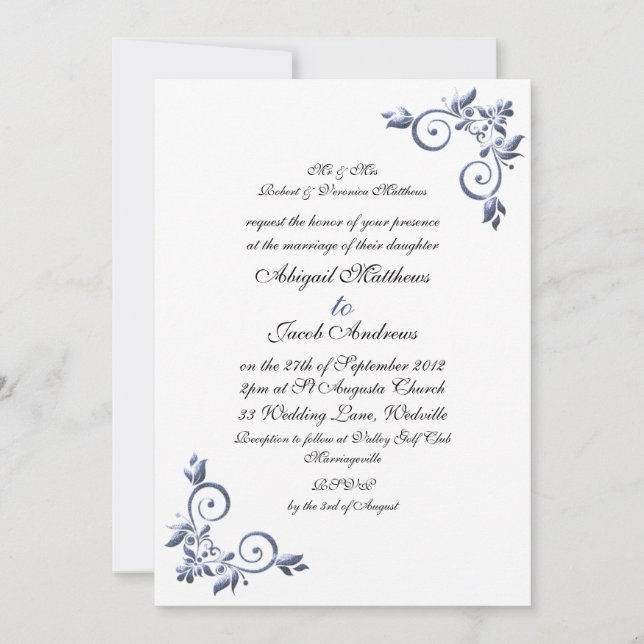 Elegant Royal Wedding Invitation Blue Flourish (Front)