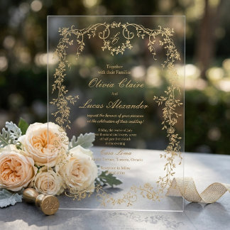 Elegant Royal White and Gold luxury Roses Wedding Acrylic Invitations