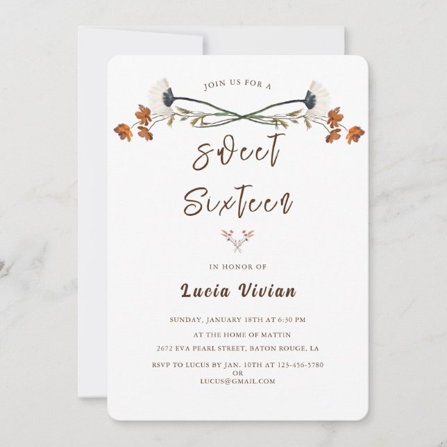 Elegant Royal Wildflower Sweet 16 Birthday Party Invitation (Front)