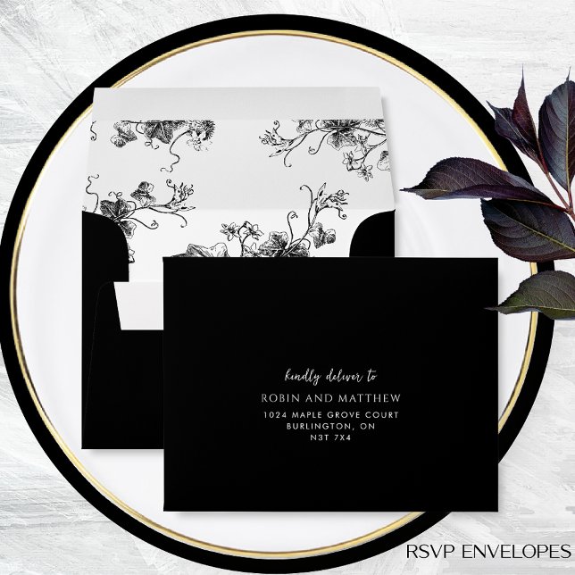 Elegant RSVP Black and White with Floral Envelope (Creator Uploaded)