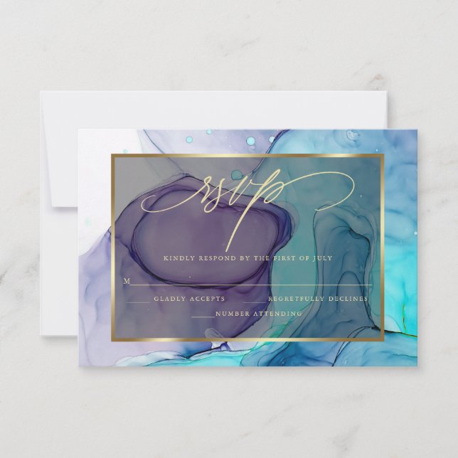 Elegant RSVP Deep Purple Aqua Marble Ink  (Front)