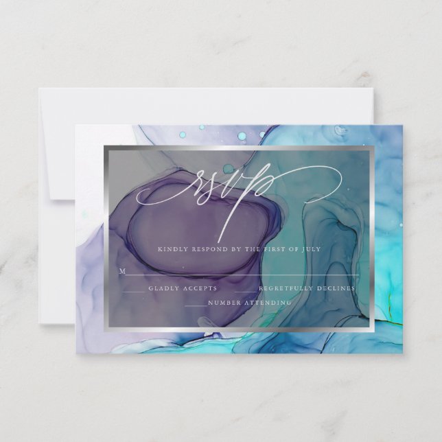 Elegant RSVP Deep Purple Aqua Marble Ink  (Front)