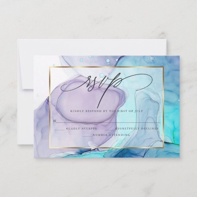 Elegant RSVP Marbled Ink  Vibrant Aqua Violet (Front)