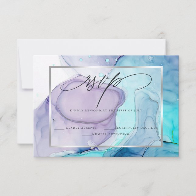 Elegant RSVP Marbled Ink  Vibrant Aqua Violet (Front)