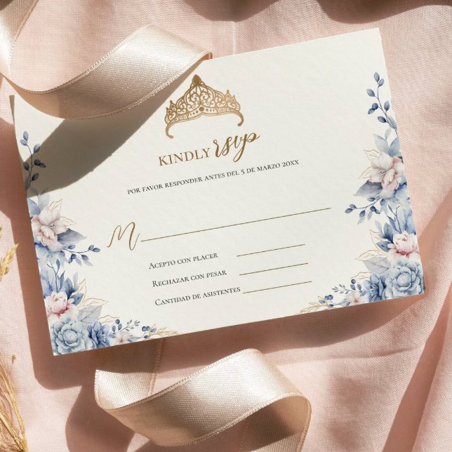 Elegant rsvp quinceañera Floral gold blue pink  (Creator Uploaded)