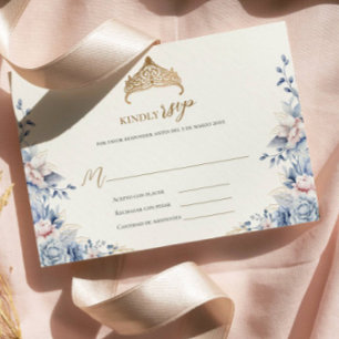 Elegant rsvp quinceañera Floral gold blue pink Card