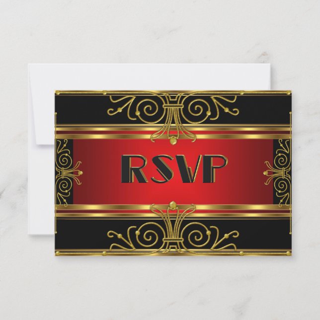 Elegant RSVP Red Black Gold Art Deco Card (Front)