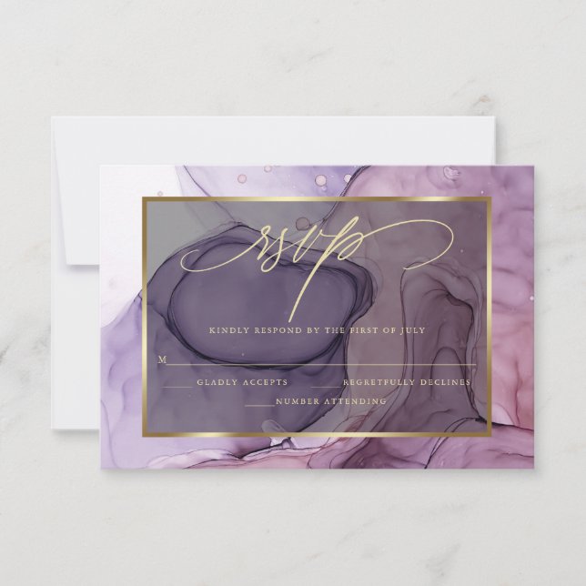 Elegant RSVP Rose Pink Plum Purple Marbled Ink  (Front)