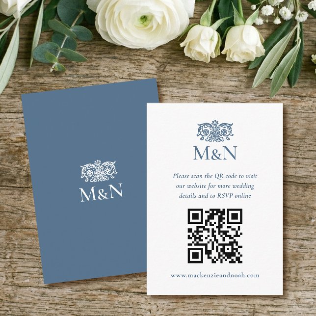 Elegant RSVP Wedding Monogram QR Code Blue White Enclosure Card (Creator Uploaded)
