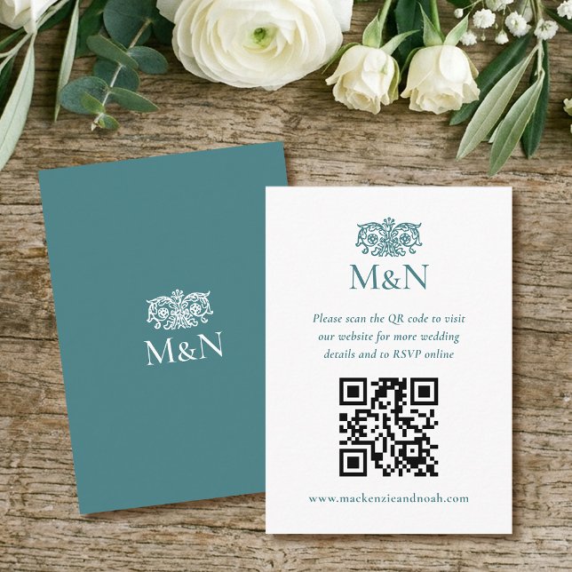 Elegant RSVP Wedding Monogram QR Code Teal Green Enclosure Card (Creator Uploaded)