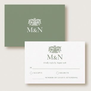 Elegant RSVP Wedding Monogram Vintage Green Card