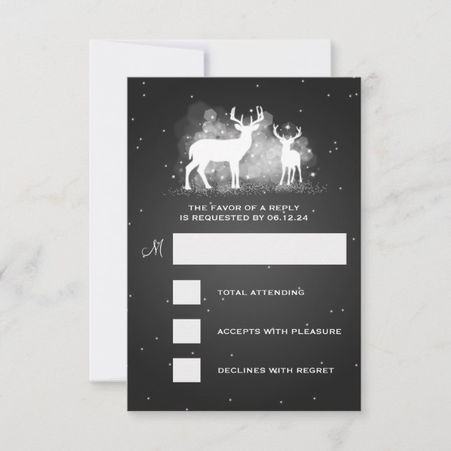 Elegant RSVP Wedding Winter Deer Sparkle Black (Front)