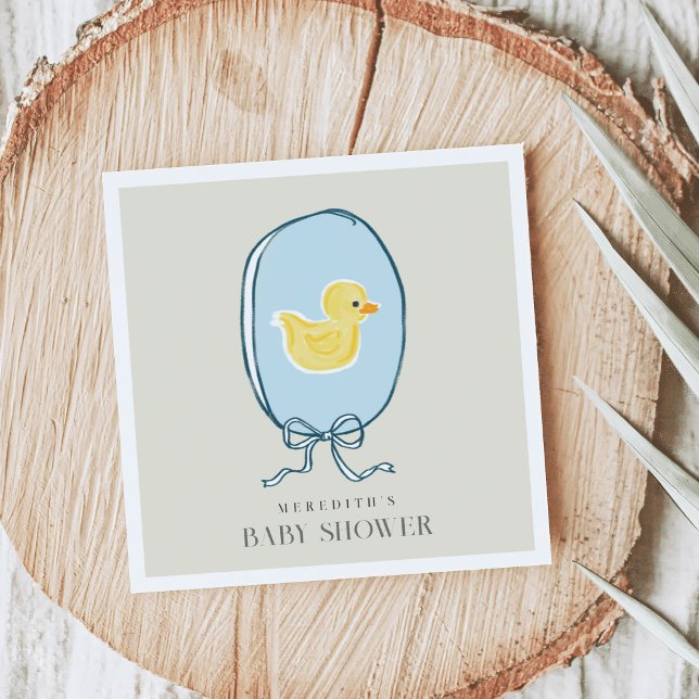 Elegant Rubber Ducky Ribbon Baby Shower Napkin (Elegant meets cute rubber ducky Baby Shower napkins featuring a yellow ducky framed in a blue ribbon)