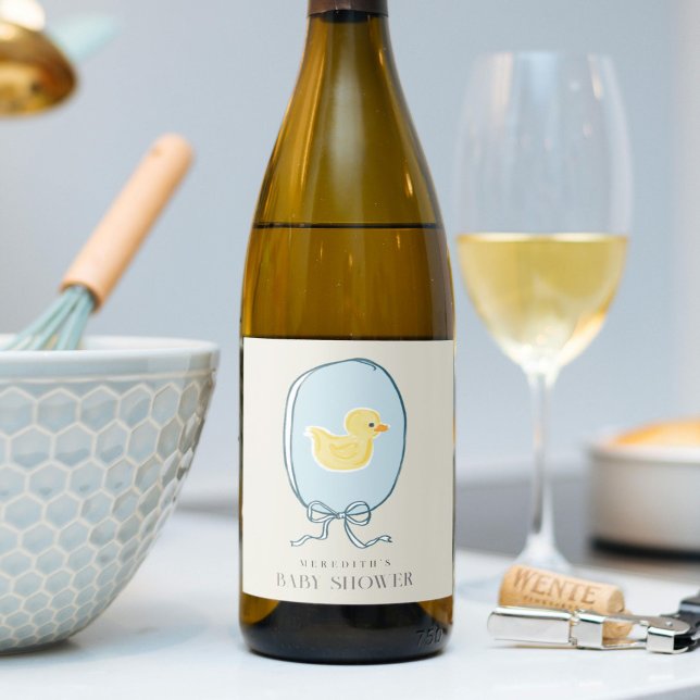 Elegant Rubber Ducky Ribbon Baby Shower Wine Label (Elegant meets cute yellow and blue rubber ducky baby shower wine bottle label stickers.)