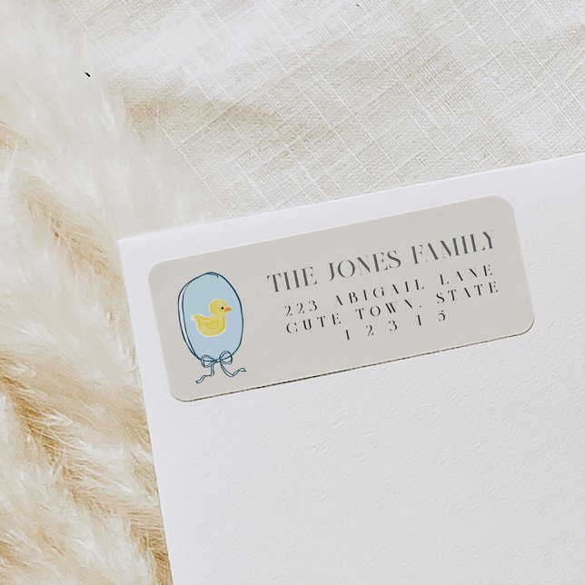 Elegant Rubber Ducky Ribbon Return Address Label (Elegant rubber ducky framed in a blue ribbon tied in a bow Baby Shower return address labels.)