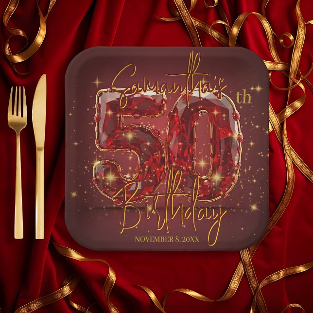 Elegant Ruby and Gold Gemstone 50th Birthday Paper Plate (Creator Uploaded)