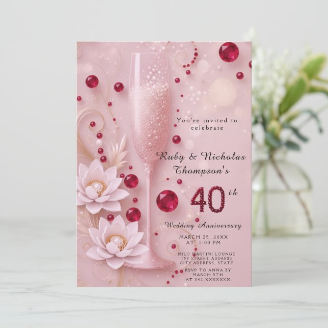 Elegant Ruby & Champagne Glass 40th Wedding Anniv Invitation (Standing Front)