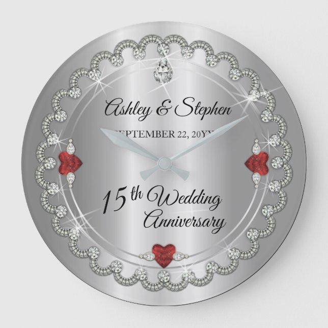 Elegant Ruby | Diamonds 15th Wedding Anniversary Large Clock (Front)