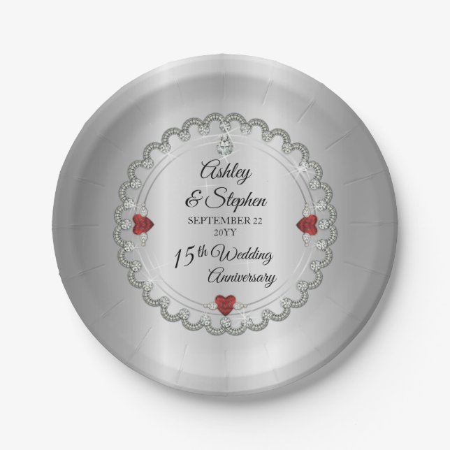 Elegant Ruby | Diamonds 15th Wedding Anniversary Paper Plate (Front)