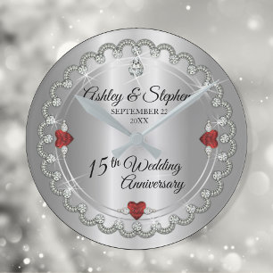Elegant Ruby Diamonds 15th Wedding Anniversary Round Clock