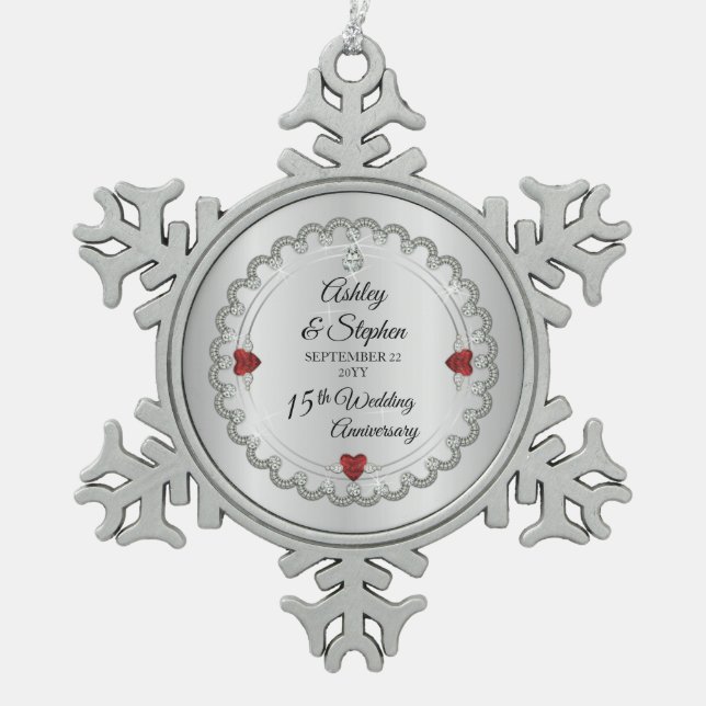 Elegant Ruby | Diamonds 15th Wedding Anniversary   Snowflake Pewter Christmas Ornament (Front)