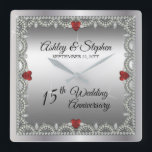 Elegant Ruby | Diamonds 15th Wedding Anniversary Square Wall Clock<br><div class="desc">Opulent elegance frames this 15th wedding anniversary design in a unique scalloped diamond design with centre teardrop diamond with heart-shaped ruby accents and faux added sparkles on a silver-tone gradient. Please note that all embellishments are printed and are only made to appear as real as possible in a flat, printed...</div>