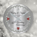 Elegant Ruby | Diamonds 40th Wedding Anniversary Round Clock<br><div class="desc">Opulent elegance frames this 40th wedding anniversary design in a unique scalloped diamond design with centre teardrop diamond with heart-shaped ruby accents and faux added sparkles on a silver-tone gradient. Please note that all embellishments are printed and are only made to appear as real as possible in a flat, printed...</div>