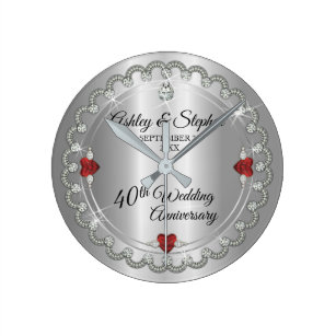 Elegant Ruby | Diamonds 40th Wedding Anniversary Round Clock