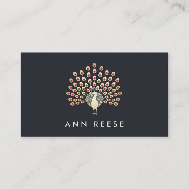 Elegant Ruby Feather Peacock Stylish Designer Business Card (Front)
