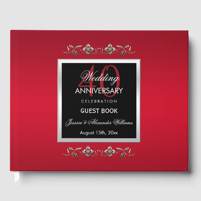 Elegant Ruby Gemstones 40th Wedding Anniversary Guest Book (Front)