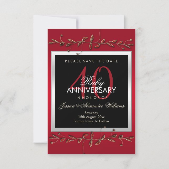 Elegant Ruby Gemstones 40th Wedding Anniversary Save The Date (Front)