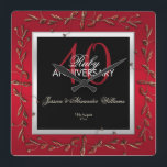 Elegant Ruby Gemstones 40th Wedding Anniversary Square Wall Clock<br><div class="desc">Beautiful, glamourous trendy, modern, romantic and sophisticated clock for couple's 40th wedding anniversary party events. Elegant and glamourous fabulous fortieth anniversary celebration. With a beautiful decorative border frame of pretty ruby gemstones of petals and love hearts, all printed on a stunning ruby red coloured gradient background, your details are in...</div>