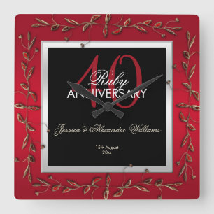 Elegant Ruby Gemstones 40th Wedding Anniversary Square Wall Clock