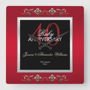 Elegant Ruby Gemstones 40th Wedding Anniversary Square Wall Clock