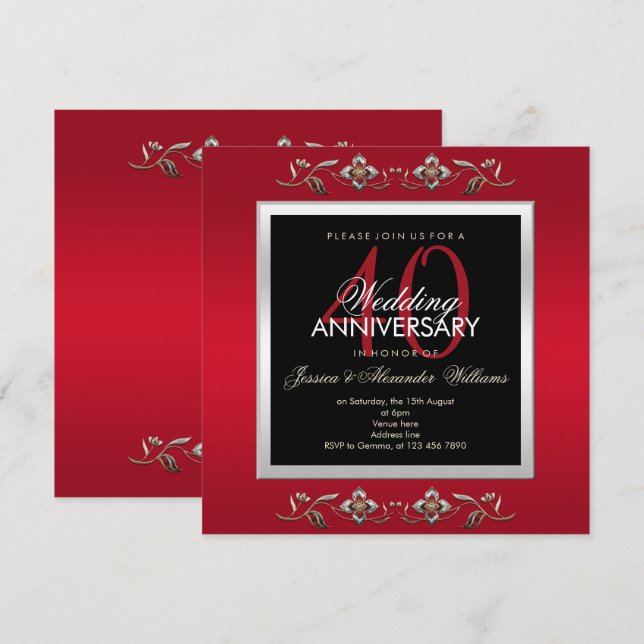 Elegant Ruby Jewels 40th Wedding Anniversary Invitation (Front/Back)