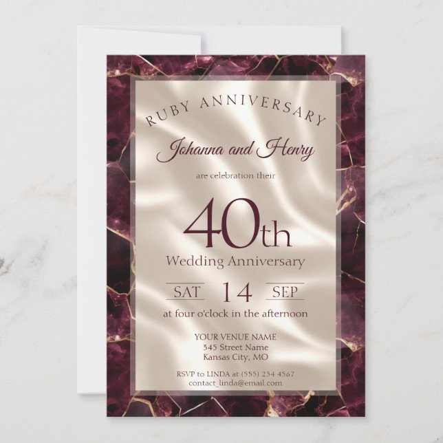 Elegant Ruby Marble 40th Wedding Anniversary Invitation (Front)