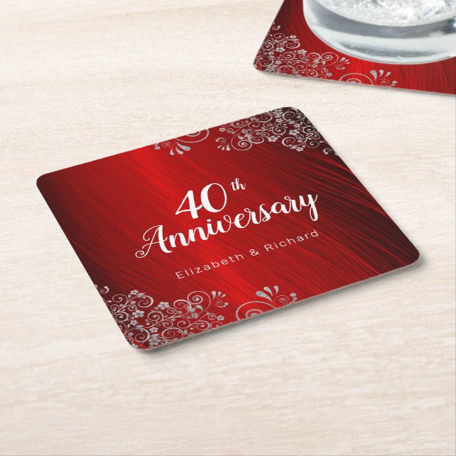 Elegant Ruby Red 40th Anniversary Party   Square Paper Coaster (Angled)