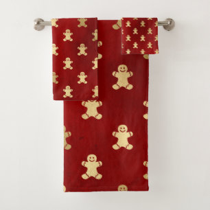 Elegant Ruby Red and Gold Gingerbread Man Bath Towel Set