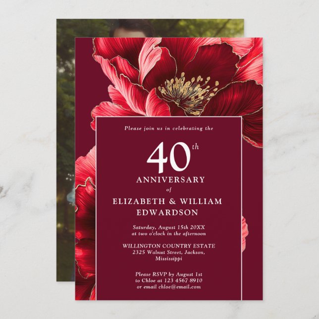 Elegant Ruby Red Floral 40th Anniversary Photo Invitation (Front/Back)