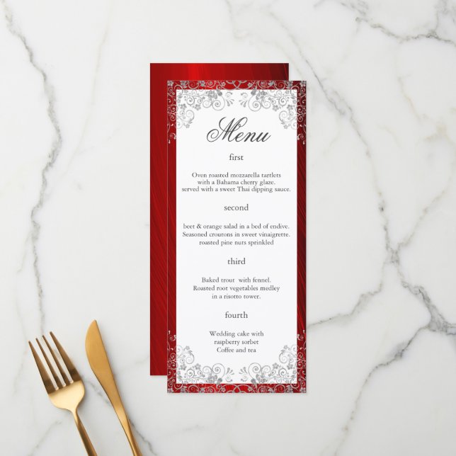 Elegant Ruby Red Four Course  Wedding Menu (Front/Back In Situ)