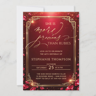 Elegant Ruby Red Gold Deco Frame 80th Birthday Invitation