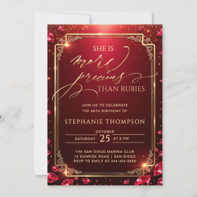 Elegant Ruby Red Gold Deco Frame 80th Birthday Invitation (Front)