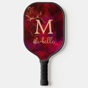 Elegant Ruby Red Gold Monogram Initial Name Pickleball Paddle