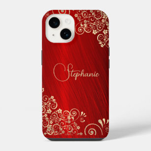 Elegant Ruby Red Gold Swirl iPhone 14 Case