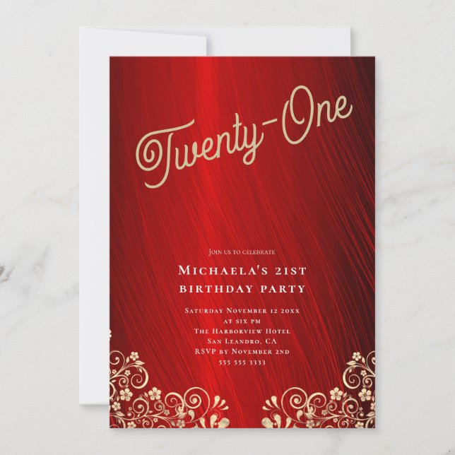 Elegant Ruby Red Gold Swirls 21st Birthday Party Invitation (Front)