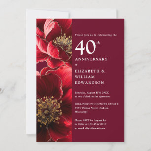 Elegant Ruby Red Modern Floral 40th Anniversary Invitation