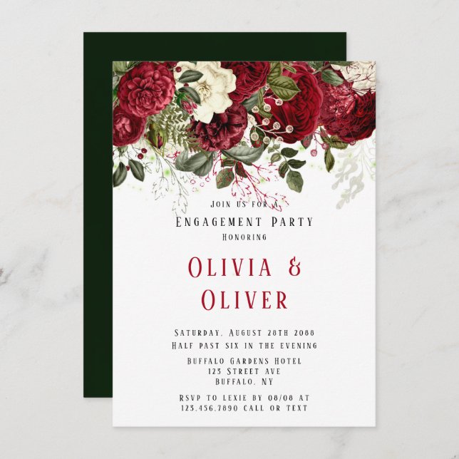 Elegant Ruby Red Peonies Engagement Party Invitation (Front/Back)